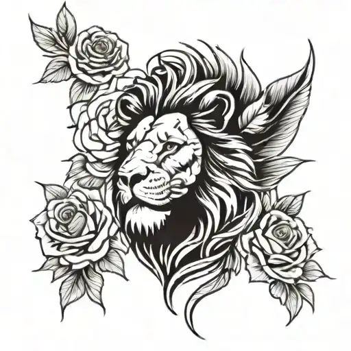 lion face and phenix head with 3 full roses below the image tattoo design idea