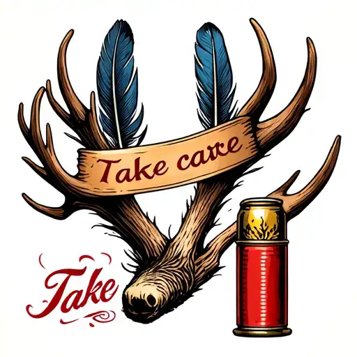 "Take care " shotgun shell, moose antler, grouse feather tattoo design idea