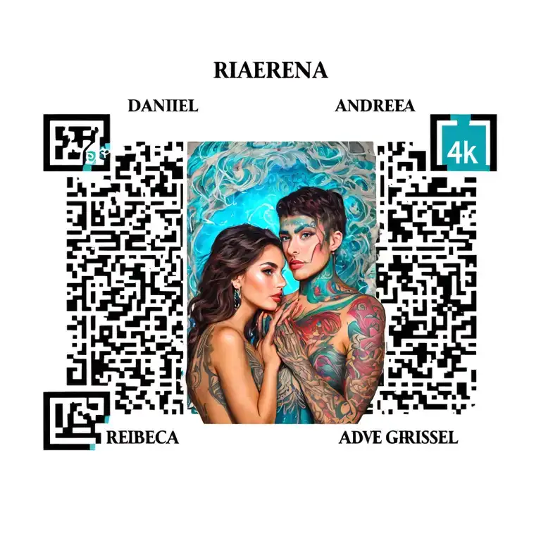 a qr code sorrounded by the names of above DANIEL, at bottom ANDREA at right REBECA and to the left GRISSEL, with the 4  tattoo design idea