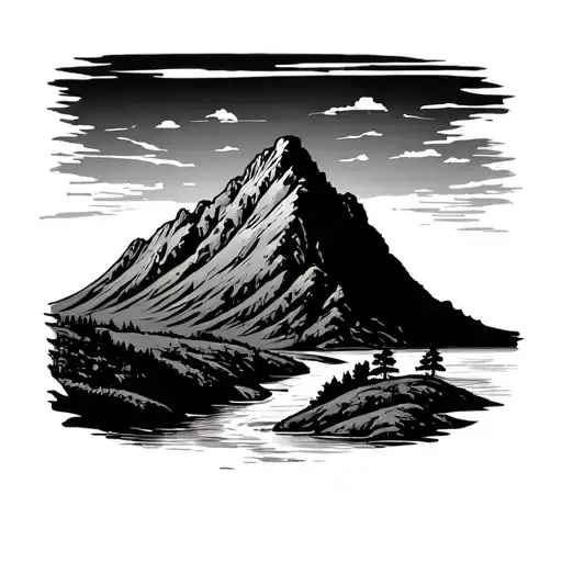 A mountain silhouette, Several waterways descending from the foot of the mountain. A few pine or olive tree figures tattoo design idea
