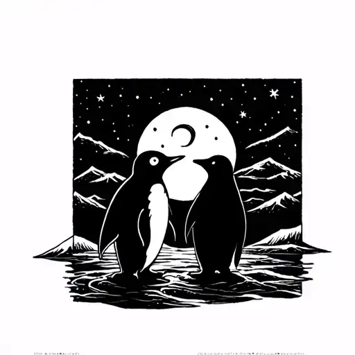 Just a penguin and a moon, no landscape or anything, just the two of them. tattoo design idea
