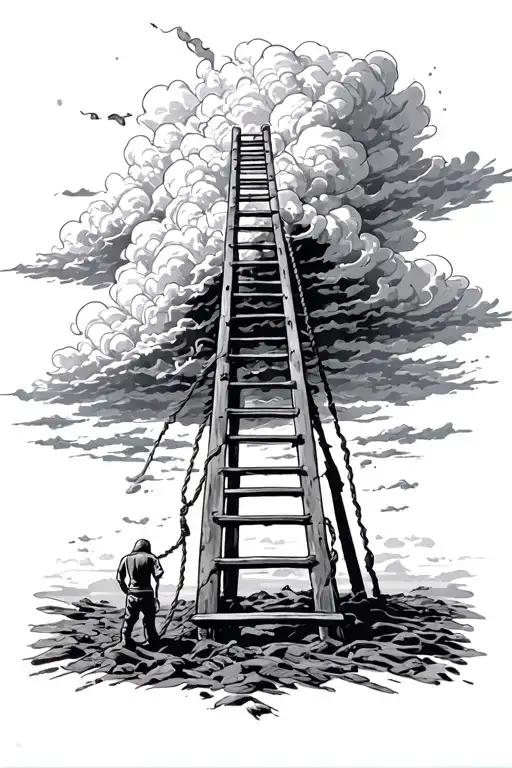 From clouds or nothingness above, a ladder or rope descends. At the bottom stands a figure, hesitant but looking up. tattoo design idea