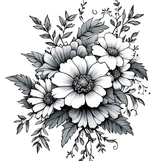 marigolds and cosmos flowers intertwined with vines and flowers with mind over matter interwined with it tattoo design idea