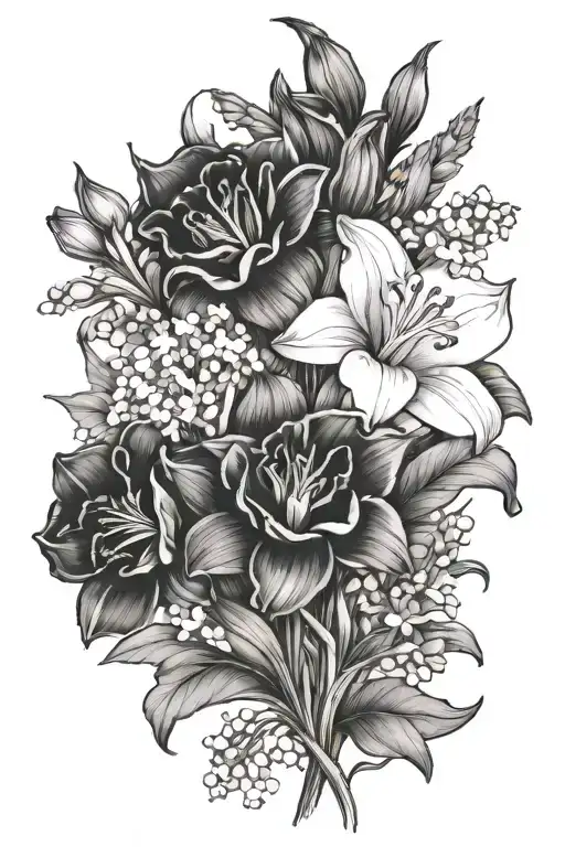 Carnation, lily of the valley, delphinium, gladiolus, aster, daffodil tattoo design idea