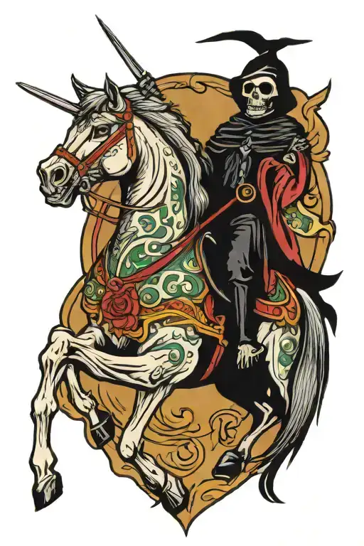 American traditional color tattoo with a grim reaper riding a horse and both the horse and reaper are facing forward. tattoo design idea