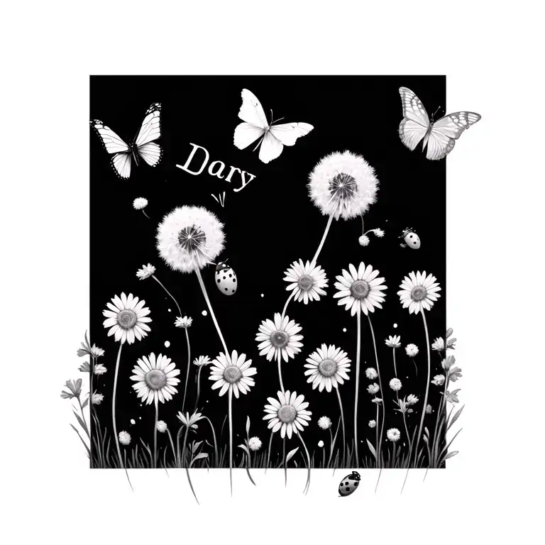 daisy chain with trail, dandelion, butterfly, ladybird. initials on the daisy's wrapped around wrist tattoo design idea