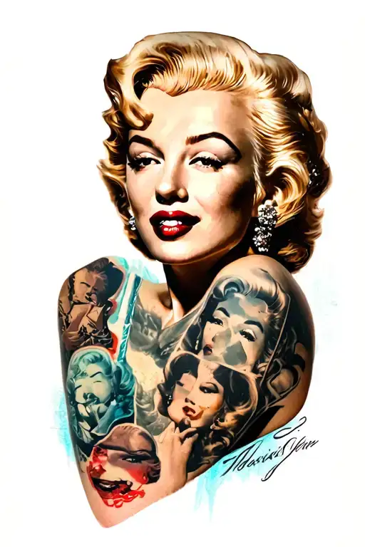 I want a full-arm colored tattoo with lots of pictures and faces of Marilyn Monroe. tattoo design idea