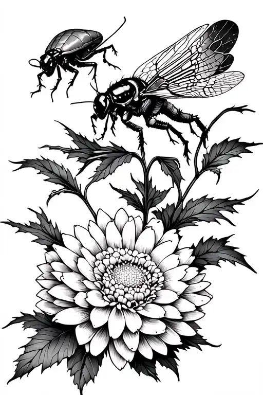 A beautiful blackwork tattoo of a Japanese chrysanthemum and a cicada in a painterly style tattoo design idea