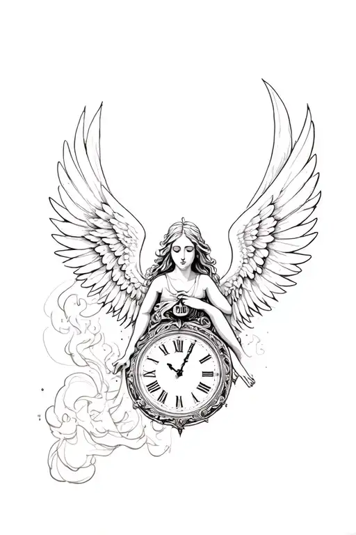 angel with time clock and smoke tattoo design idea
