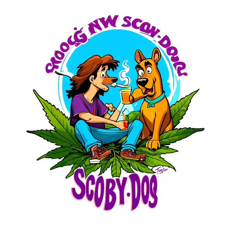 Shaggy smoking a blunt& lighting a bong for Scooby-Doo sitting on a big pot leaf outside  tattoo design idea