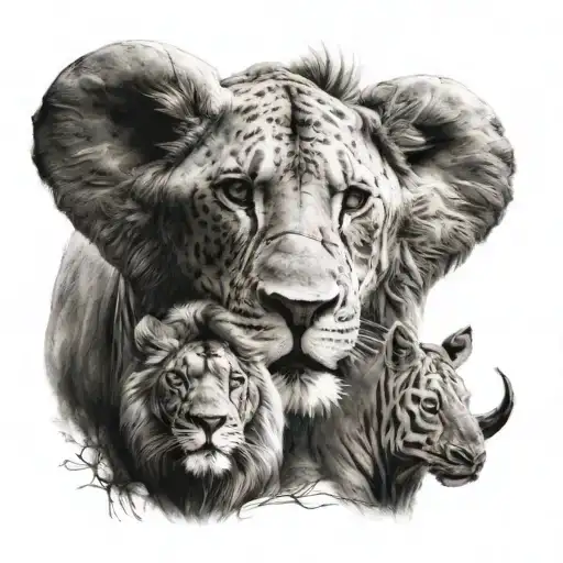 portraits of the African big 5 animals all in the continant of africa tattoo design idea