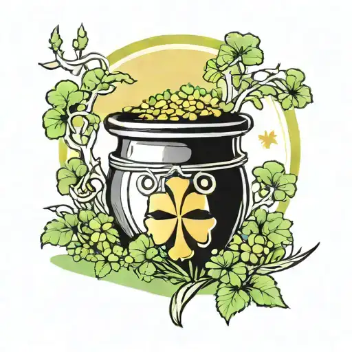 pot of gold surrounded by 4 leaf clovers with the background of a Celtic cross embedded by an oak tree in the grass tattoo design idea