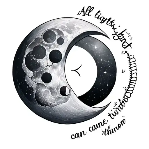 Spine tattoo of the moon phases, feminine, ethereal, with the words down it "All lights turned off can be turned on" tattoo design idea