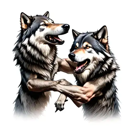 two grey wolves fighting tattoo design idea