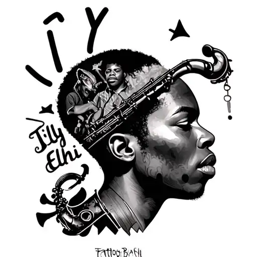 Tattoo inspired by Basquiat with written Tily, Elohi, a saxophonist, figures and a face a head tattoo design idea