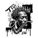 Tattoo inspired by Basquiat with written Tily, Elohi, a saxophonist, figures and a face a head tattoo design idea