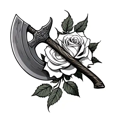 viking axe & climind white rose on it realistic tattoo design idea