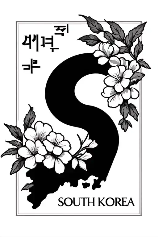 South Korea country outline with national flower and "South Korea" written in Korean. tattoo design idea