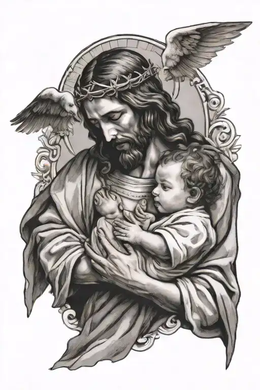 Jesus holding and looking at a baby angle the baby angle having wings and a halo tattoo design idea