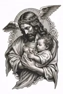 Jesus holding and looking at a baby angle the baby angle having wings and a halo tattoo design idea