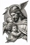 Jesus holding and looking at a baby angle the baby angle having wings and a halo tattoo design idea