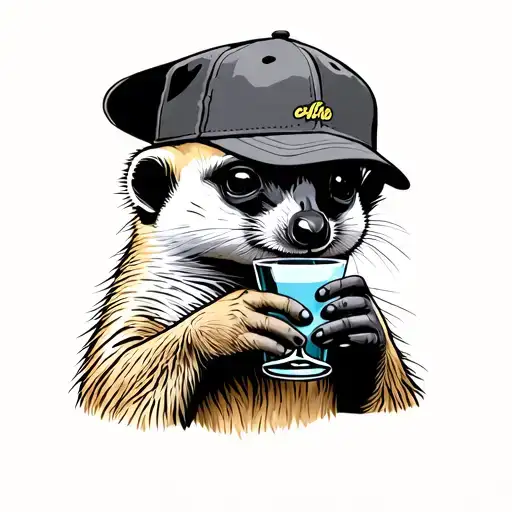 meerkat with a sideways cap drinking a glass tattoo design idea