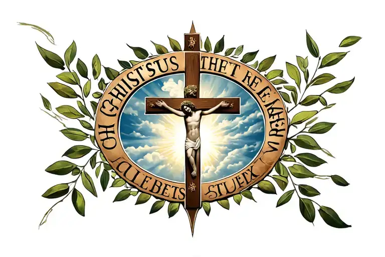3 crosses of jesus crusification, clouds with light piercing through, olive leaves surrounding border, christus rex text tattoo design idea