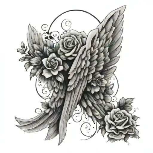 angel wing with flowers and death date tattoo design idea