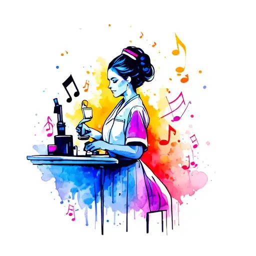 A tattoo design of a cosmetologist working in a club setting, surrounded by vibrant colors and music notes tattoo design idea
