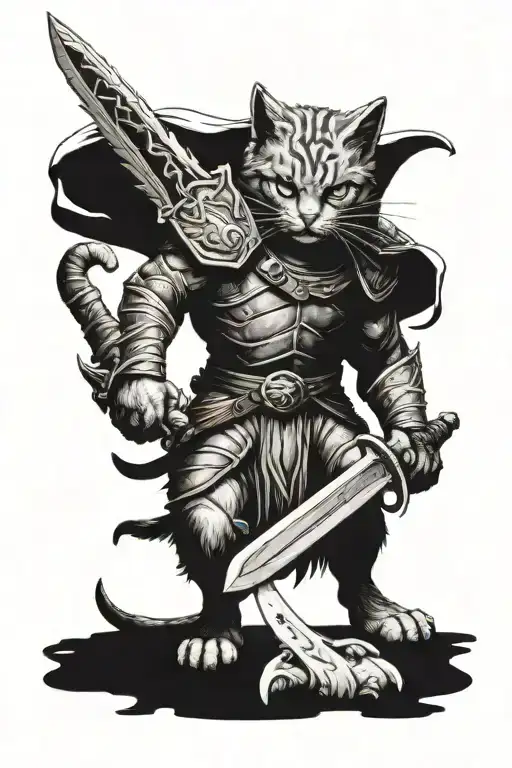cat warrior wielding a sword khajit like skyrim inspired tattoo design idea