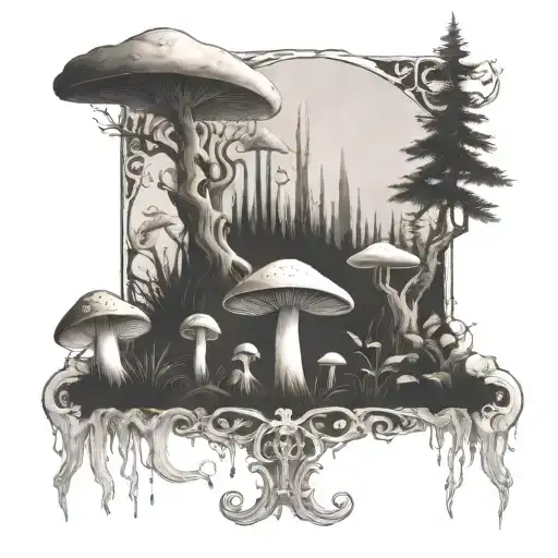 enchanted mossy forest scene, mushroom, crystals, tarot, fairies tattoo design idea