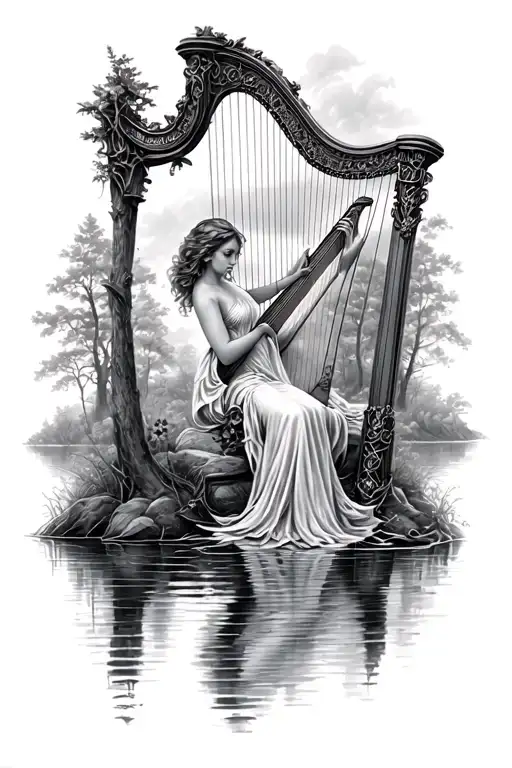Irish mythology inspired tattoo, lady play the harp by reflecting river, forest, great faminine tattoo design idea