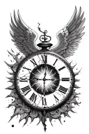"Sing the anthem of the angels and say the last goodbye" broken clock set to midnight and with sun incorporated into des tattoo design idea