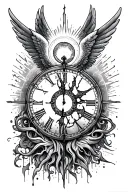 "Sing the anthem of the angels and say the last goodbye" broken clock set to midnight and with sun incorporated into des tattoo design idea