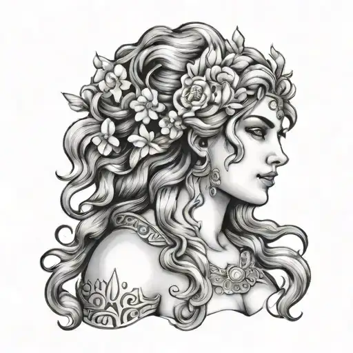 greek goddess with water hair tattoo design idea