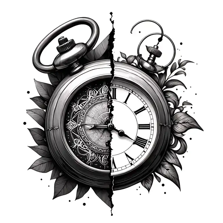 Black and grey tattoo design of a pocket watch split in half: one side with geometric shapes (lines, polygons, sacred) tattoo design idea