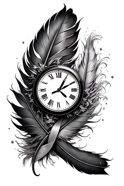 cancer  ribbon next to feather and dali clock tattoo design idea