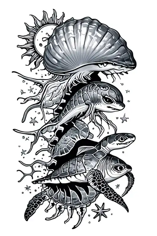 a spine tat with top to bottom of sun, conch shell, sand dollar, whale shark, sea turtle, star fish, lastly a jelly fish tattoo design idea