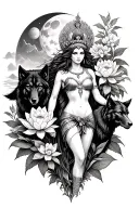 sexy Athena goddess surrounded by poeny and lotus flowers growing with a black wolf in a mountain range with a moon tattoo design idea