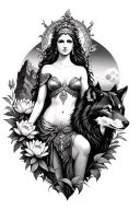 sexy Athena goddess surrounded by poeny and lotus flowers growing with a black wolf in a mountain range with a moon tattoo design idea
