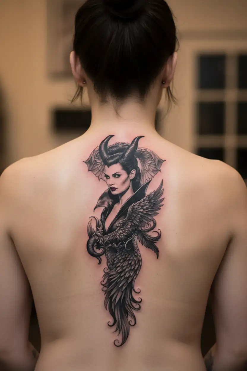 maleficent horns and wings tattoo design idea