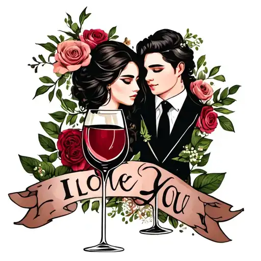 I love you, wife and husband, wine glass tattoo design idea