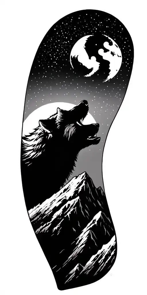 A majestic mountain landscape with a sky full of stars above, incorporating a silhouette of a wolf howling at the moon tattoo design idea