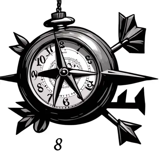 pocket watch, with date 8. compass rose in the middle. arrow going from top right to bottom left behind the watch tattoo design idea