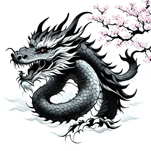 Japanese dragon, Japanese house, sakura blossom trees,stylized clouds, Extremely fine, elegant ink linesExtremely fine, tattoo design idea