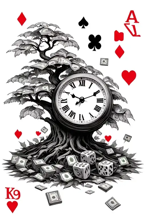 a clock playing cards dice and money tree growing tattoo design idea