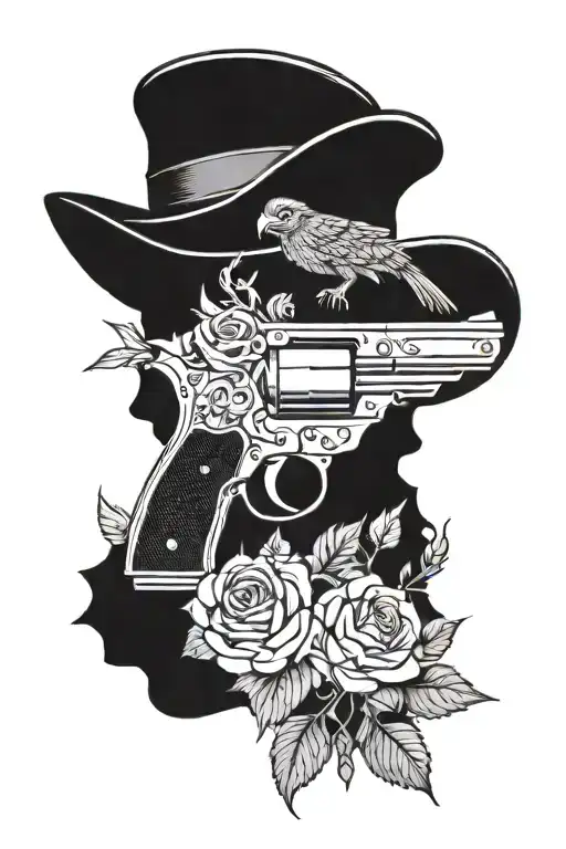 pistol with flowers and a wyvern tattoo design idea