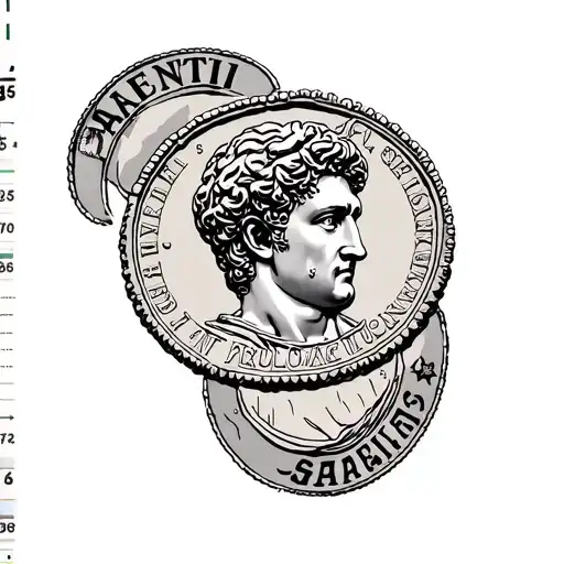 Create a Roman coin Tattoo in Old School Style Julius Caesar should be the image in the coin and the text "𝕾𝖆𝖕𝖎𝖊𝖓𝖙𝖎 tattoo design idea