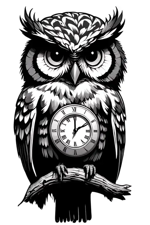 simple owl perched on a tree branch with a clock tattoo design idea