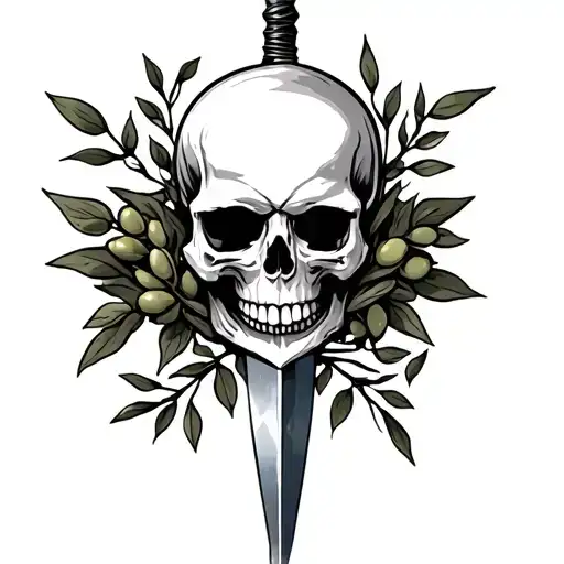skull and dagger and olive branch tattoo design idea